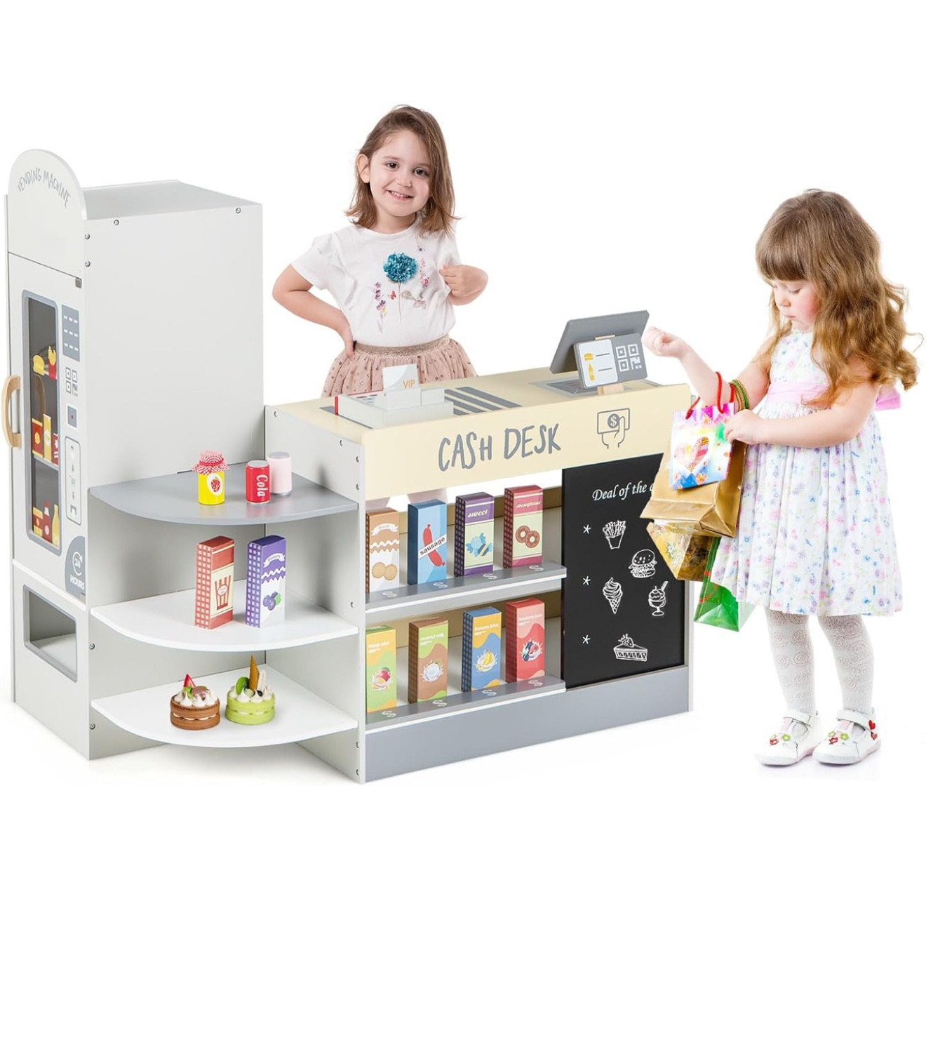 Costzon Kids Grocery Store Playset, Wooden Grocery Store Pretend Play with Chalkboard, Cash Register, Vending Machine, Play Food Accessories, Toddler Play Store, Gift for Boys & Girls (Grey)