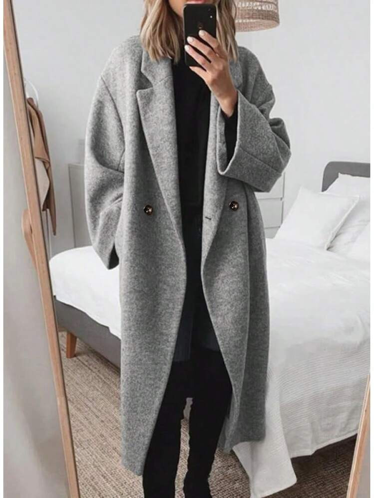 Yoeasy Women's Winter Notch Lapel Double Breasted Pea Coat Wool Blend Long Sleeve Casual Long Trench Coat | SHEIN