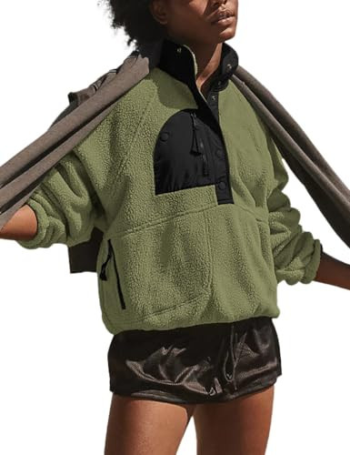 Women's High Neck Fuzzy Fleece Long Sleeve Jumper Pullover Sweatshirt Warm Coats Army Green L | Amazon (US)