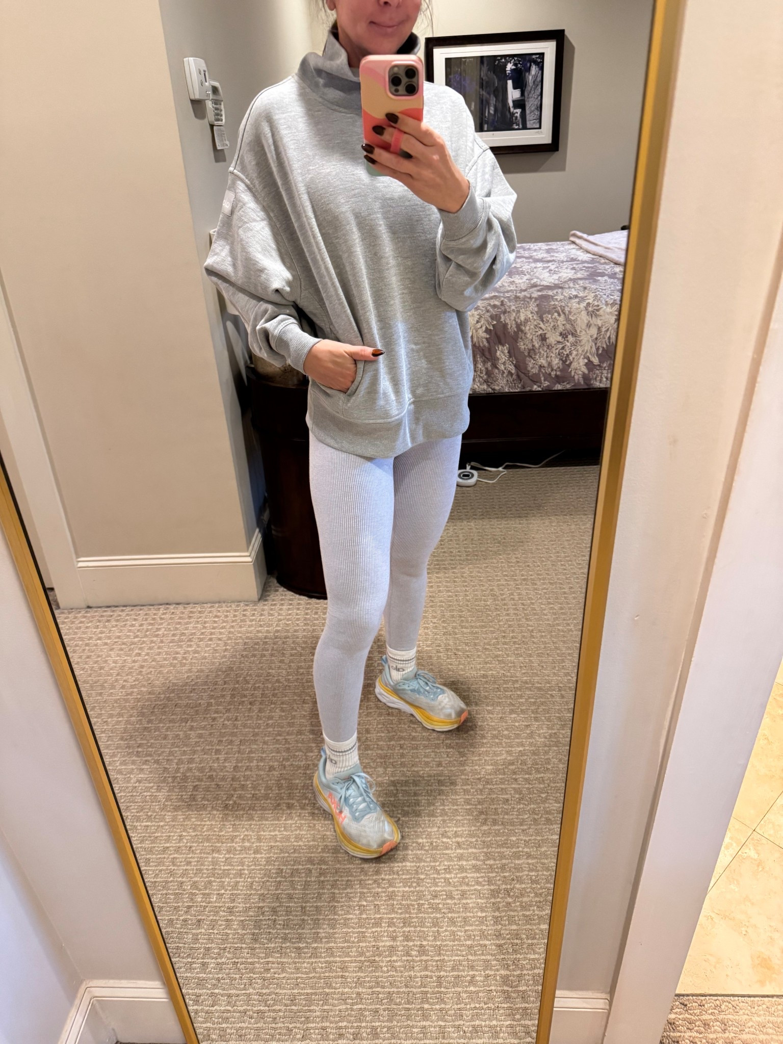 Cozy alo 30% off
Size extra small in the sweatshirt the color is athletic gray. Size up if you want it longer.  leggings size small. Socks size small they run big

#LTKfitnessgoals #LTKSaleAlert #LTKmomlife