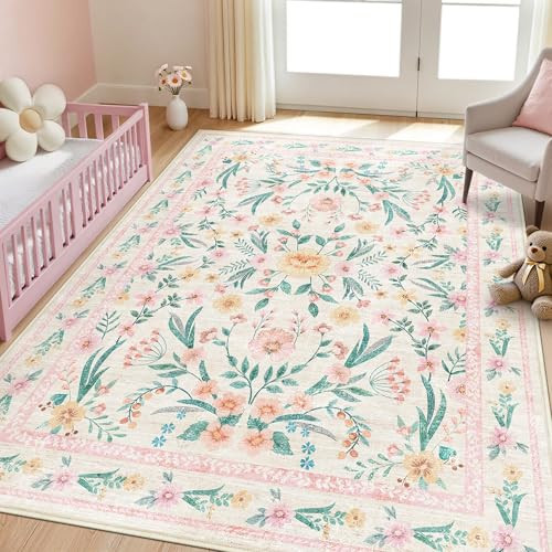 Dadasgk 5x7 Pink Floral Nursery Rug,Pink Rugs for Bedroom Girls,Machine Washable Non Slip Soft Faux Wool Carpet,Cute Boho Indoor Area Rugs for Kids Room or Playroom | Amazon (US)