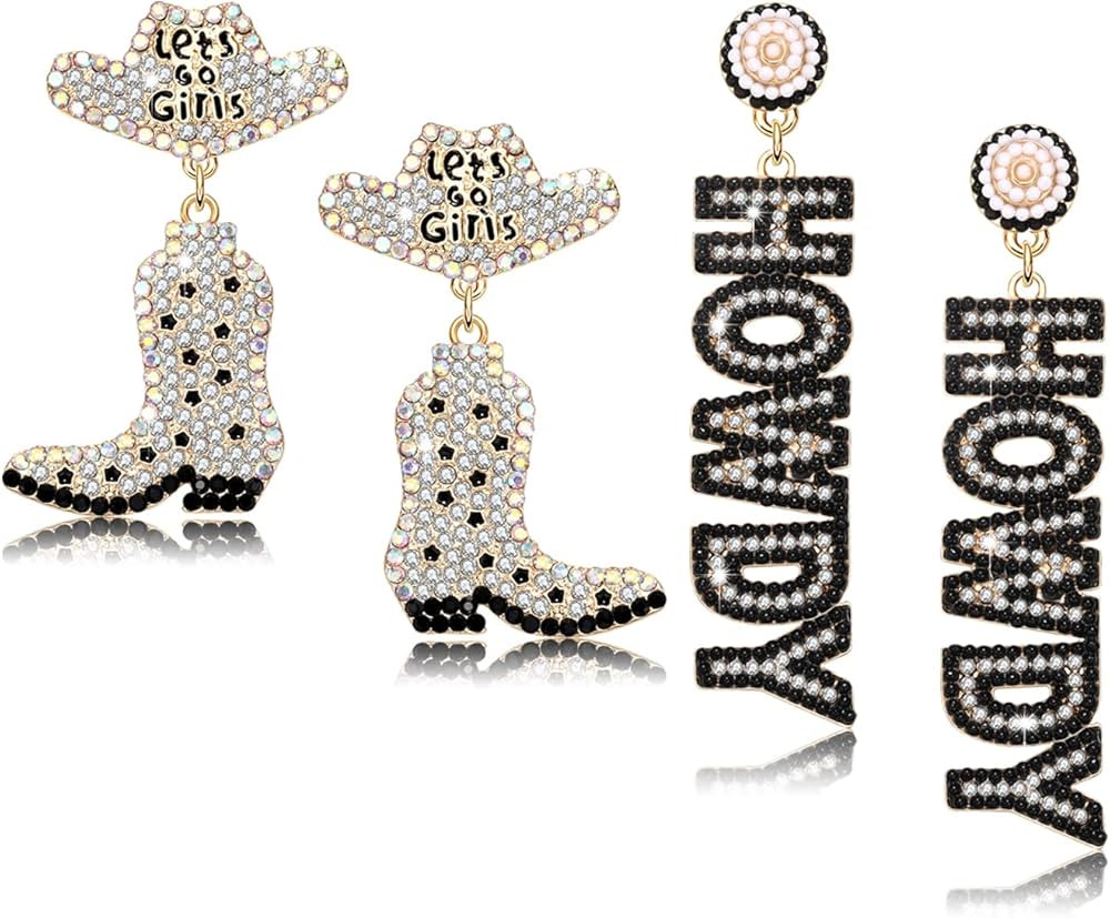 2 Pairs Western Cowgirl Earrings for Women Sparkly Rhinestone Cowboy Boot Hat Dangling Earrings F... | Amazon (US)
