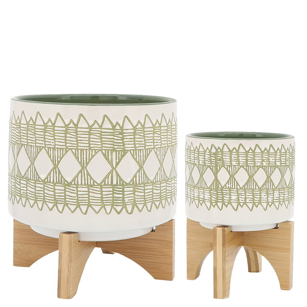 Set of 2 Geometric Planters on Wooden Stand Olive Green - Sagebrook Home | Target