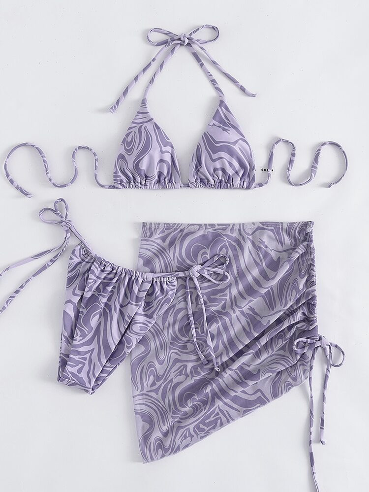 3pack Fluid Pattern Halter Triangle Bikini Swimsuit & Beach Skirt | SHEIN