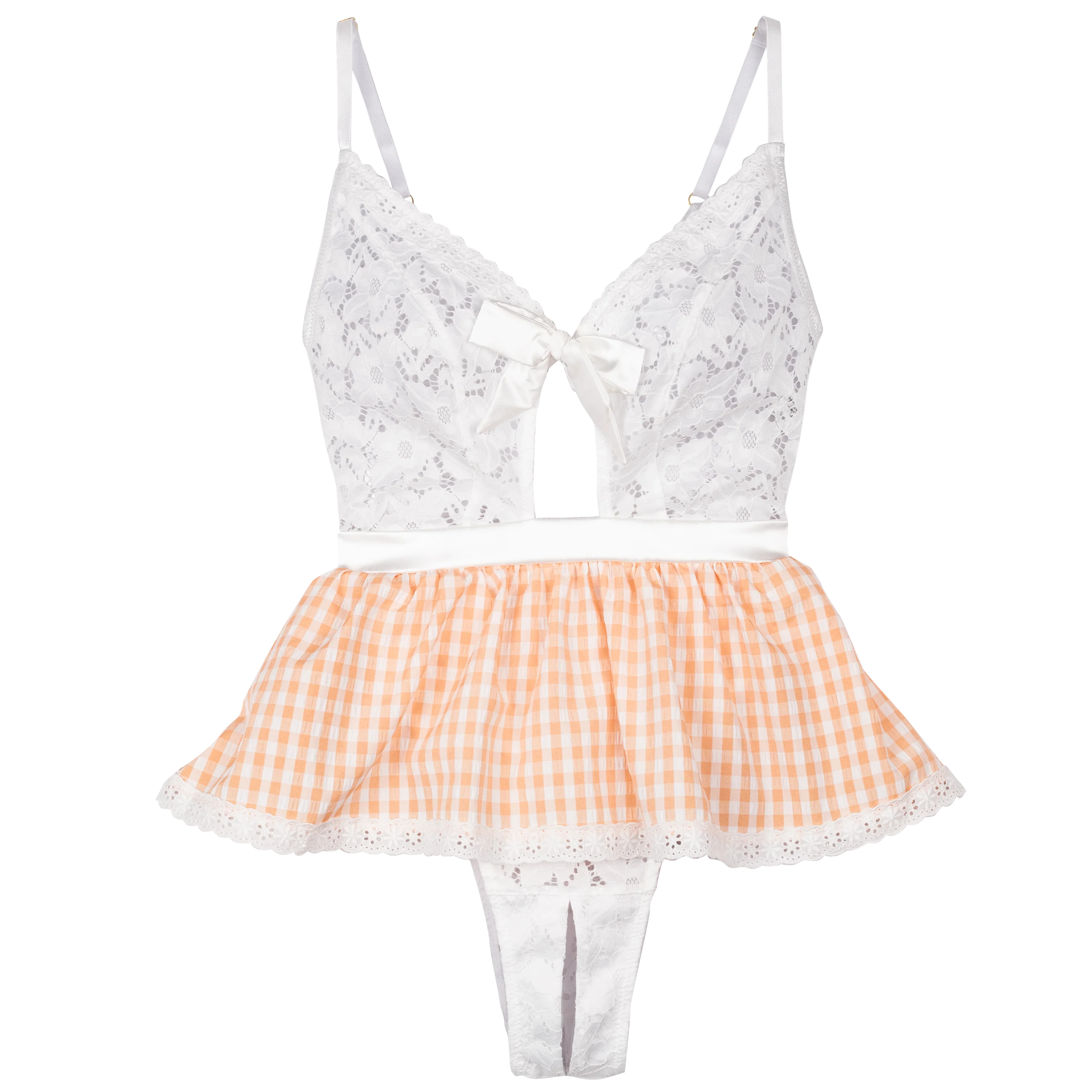 Gingham & Lace Skirted Crotchless Teddy - Peach | Mentionables