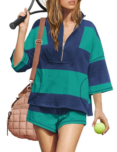 ReachMe Womens Workout Sets 2 Piece Summer Outfits Striped Top and Shorts Set Vacation Clothes Tracksuits with Pockets(Navy Green,M) | Amazon (US)