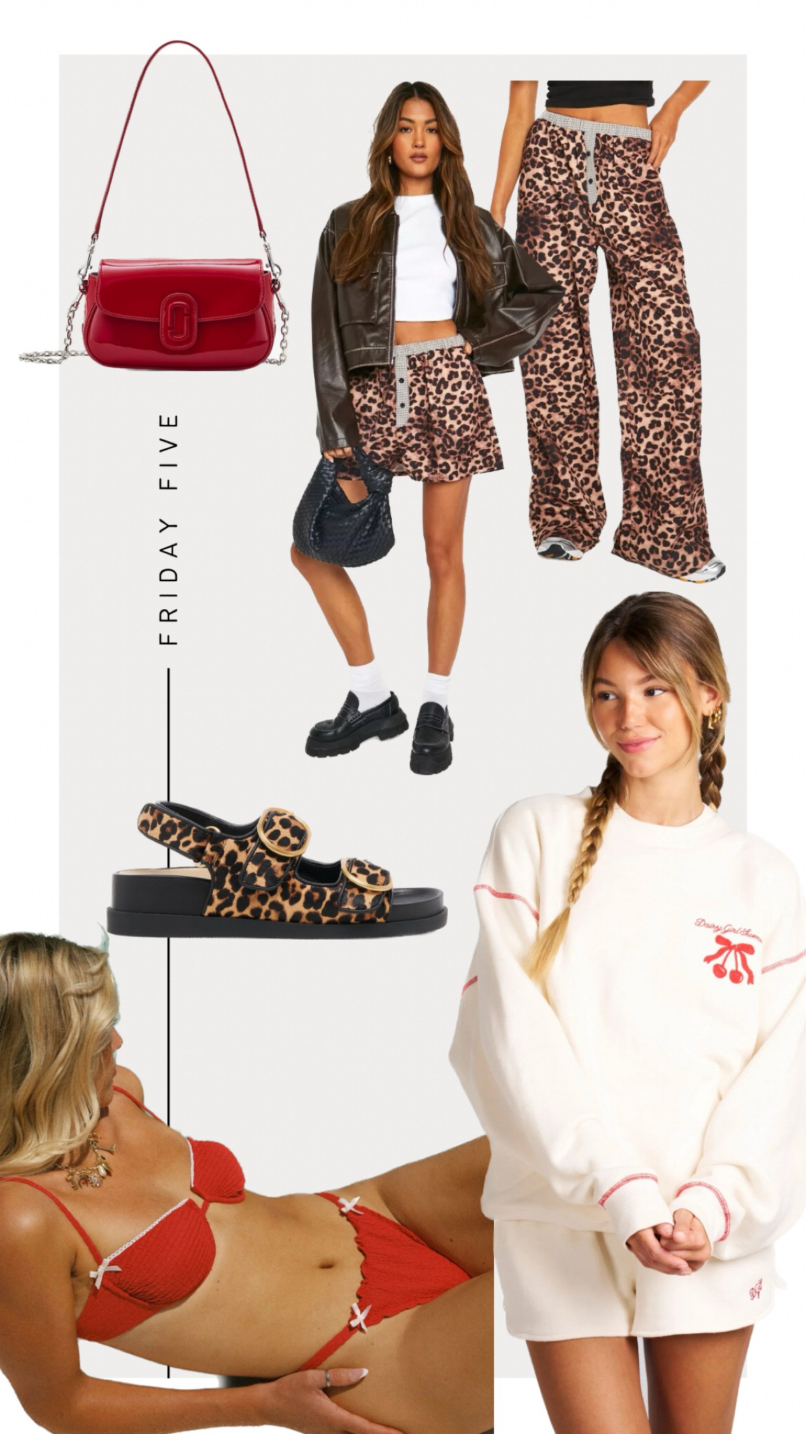 Friday Five: Shop My Wishlist 
1. Dairy Boy Matching Cherry Sweats
2. Dippin’ Daisys Red Bikini
3. Dolce Vita Leopard Starla Sandals 
4. Marc Jacobs Patent Bag
5. Leopard print boxer shorts and pants 



#LTKStyleTip #LTKItBag #LTKShoeCrush