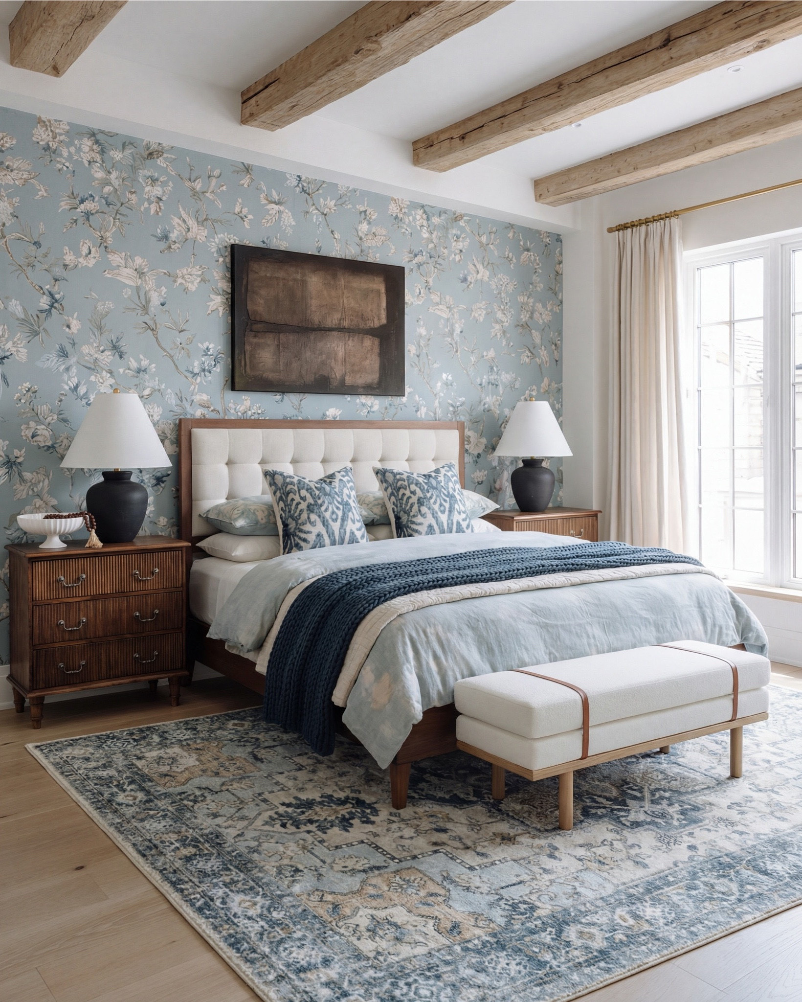 Bedroom Refresh : Shop The Look.
* Bedroom upholstered bench 
* Blue throw blanket 
* Blue traditional rug 
* Dark wood oak nightstand 
* Black vase 
* Bedroom decor 
* White decor bowl 
* Blue wall paper
* Wall art

#LTKsale #LTKhome #LTKstyletip