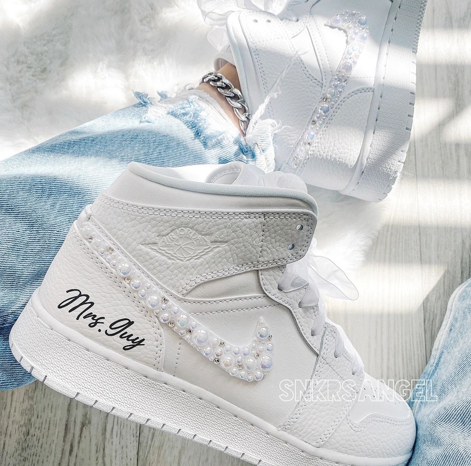 Wedding Bride Air Jordan 1 Mid Sneakers Iridescent Pearl Swarovski Crystal Nike Bling Shoes - Ets... | Etsy (US)