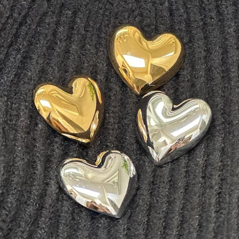 Puffed Heart Post Earrings Silver Heart Earrings Waterproof Stainless Steel Handmade Customized G... | Etsy (US)