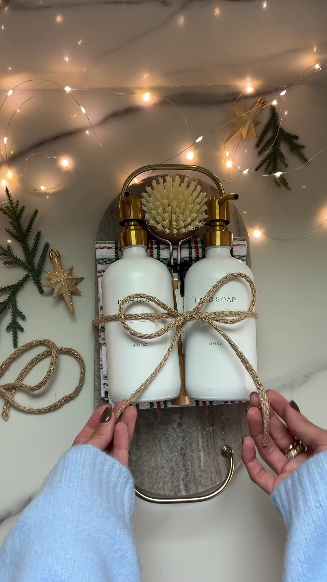 Super easy gift idea they will love!! This marble tray is so pretty with the gold handles, adding my absolute favorite Soap dispensers that have the label etched in the bottle, add a festive tea towel or kitchen towel, and a brush and you have a thoughtful gift they will actually use!! Best of all it’s all adorable #LTKWatchNow 

#LTKHoliday #LTKFindsUnder50 #LTKGiftGuide