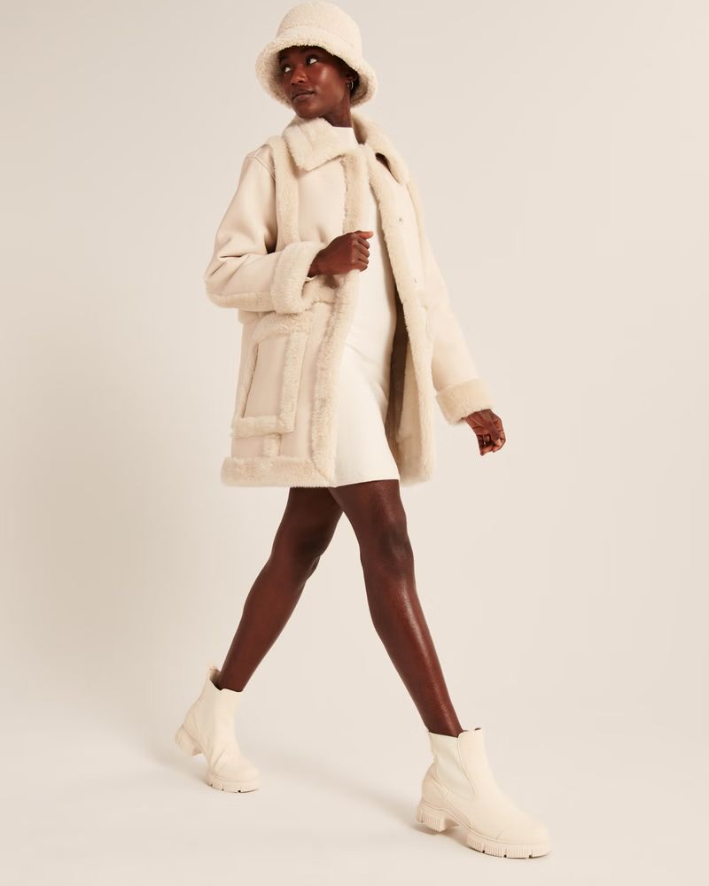 Oversized Sherpa-Lined Vegan Leather Coat | Abercrombie & Fitch (US)