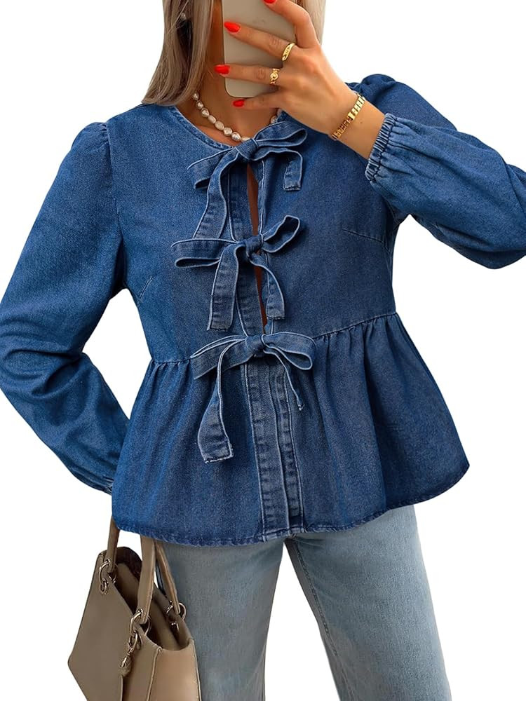 Tankaneo Womens Denim Tie Front Tops Babydoll Peplum Cute Blouse Puff Long Sleeve Going Out Jean ... | Amazon (US)