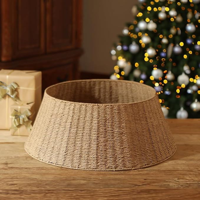 Rustic Farmhouse Christmas Tree Collar - Holiday Decorations - Natural Woven Wicker Tree Base Cov... | Amazon (US)