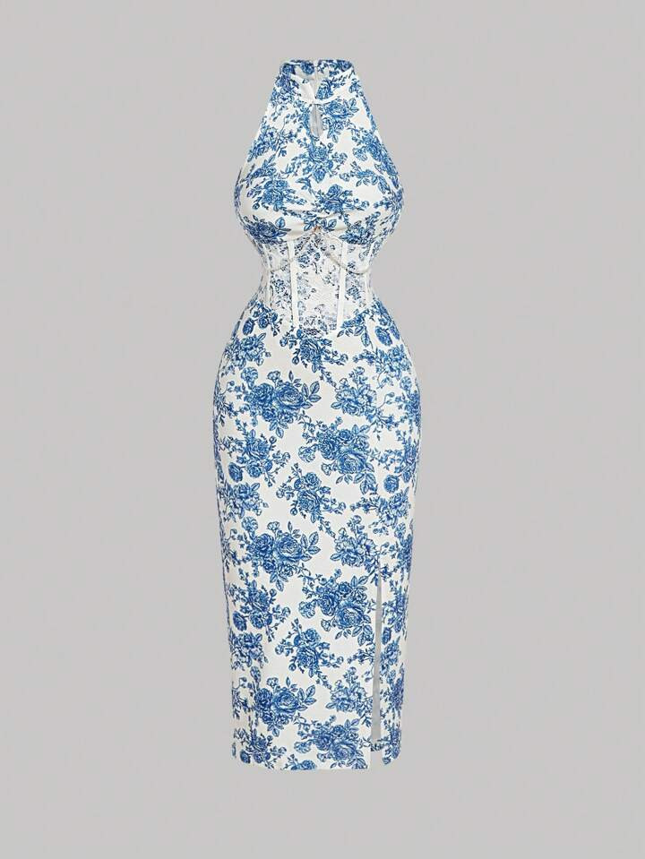 SHEIN MOD Women's Floral Print Lace Slit Hem Bodycon Camisole Dress,New Chinese Style,Cruise Women Outfits,Dresses Graduation | SHEIN