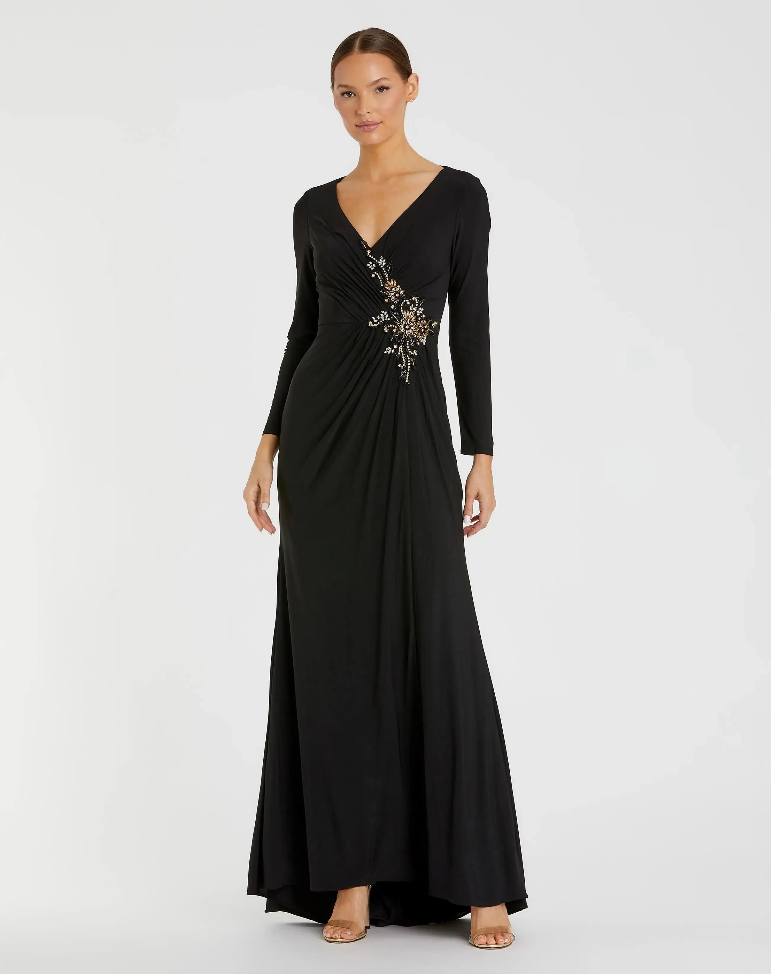 Black Faux Wrap Long Sleeve Evening Gown with Appliqué Detail | Mac Duggal
