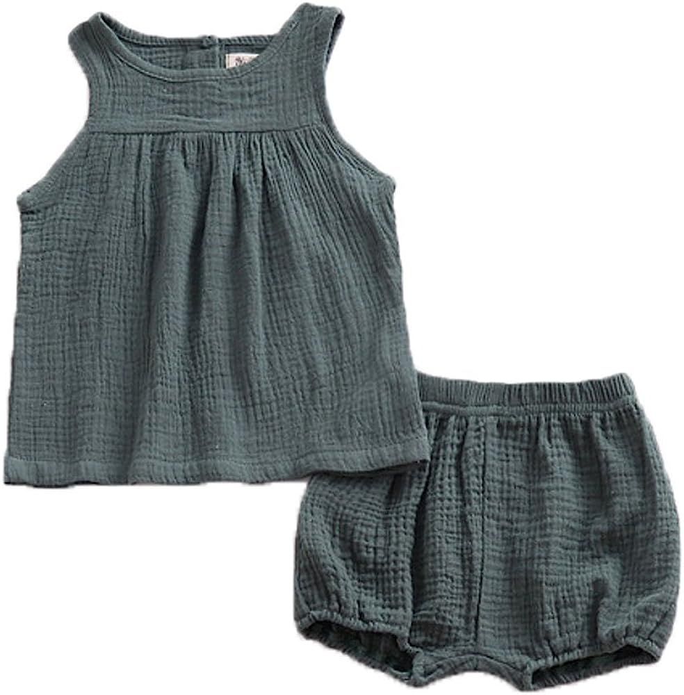 LOOLY Baby Outfits Unisex Girls Boys Cotton Linen Blend Tank Tops and Bloomers | Amazon (US)