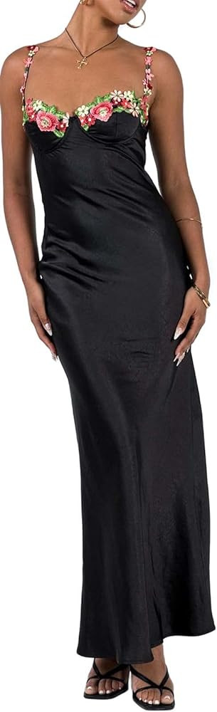 Women Open Back Satin Slip Dress Long Bodycon Floral Print Midi Dress Low Back Cutout Y2k Cocktai... | Amazon (US)