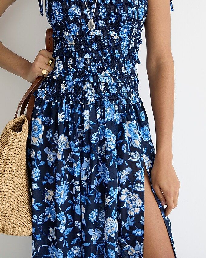 Smocked midi dress in midnight-blue floral | J.Crew US