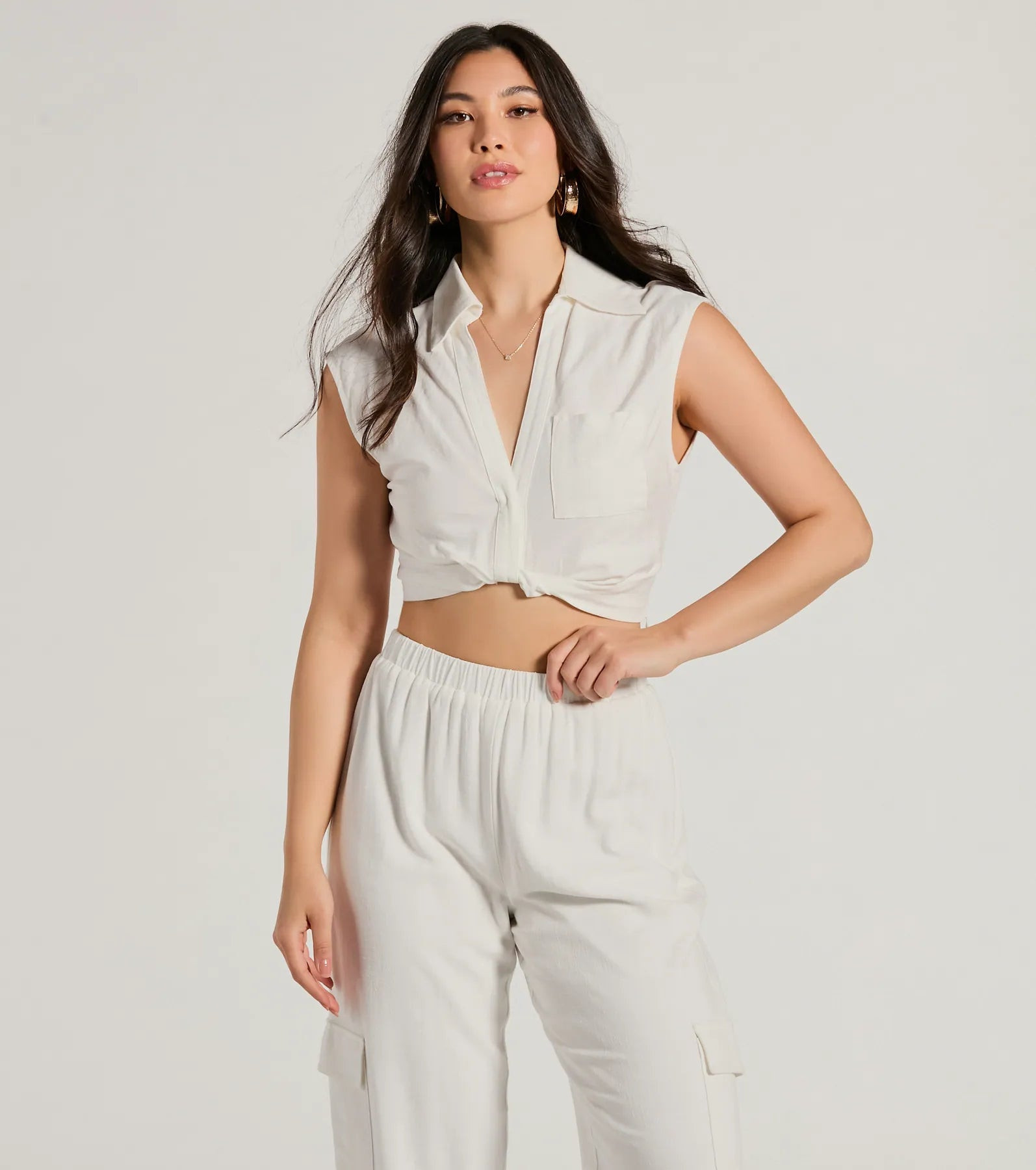 Breezy Mood Collared Linen Crop Top | Windsor Stores