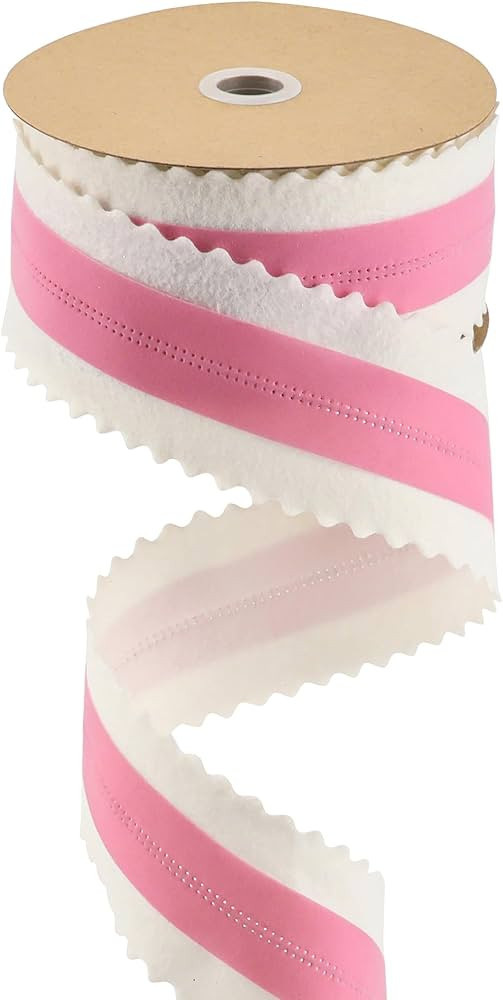 MEEDEE Christmas Felt Ribbon 2.5 Inch Wired Felt Ribbon 10 Yards White Felt with Pink Velvet Midd... | Amazon (US)