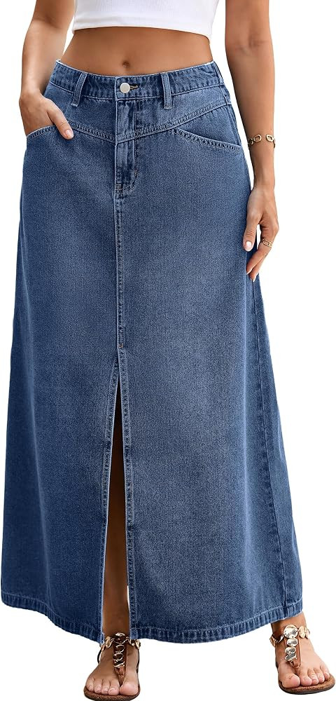Glamaker Women Denim Long A line Slit Skirts Stretch High Waisted Trendy Casual Maxi Jean Skirt w... | Amazon (US)