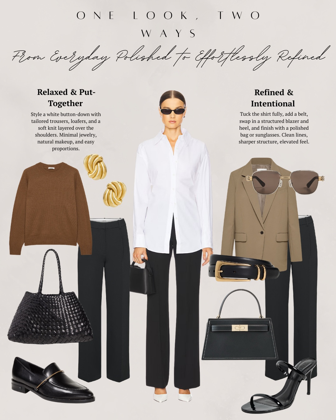 One look, two ways! From everyday polished to effortlessly refined. I am styling some trousers with a white button down shirt two different ways. In one it’s a more casual look with a sweater over the shoulders and loafers. The other evening one is with heels and a polished blazer. 

Then I am sharing some Zara finds that are amazing neutral pieces for building so many outfits! 

All linked ⬆️

#ltkcreator #ltkfinds #ltkwatchnow #ltkstyletip #revovle #aritzia #shopbop #loafer #heels #handbag #trousers #zara #zarafinds 

#LTKootd #LTKOver40 #LTKSeasonal