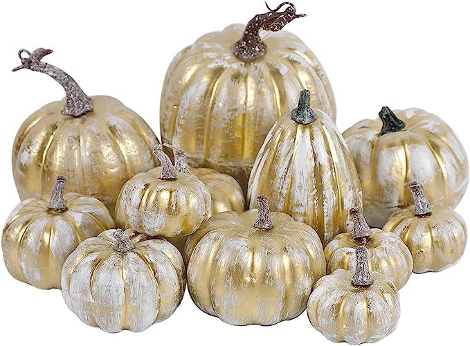 winemana Thanksgiving Pumpkin Decorations, 12 Pcs Assorted Sizes Artificial Foam Golden Pumpkins ... | Amazon (US)