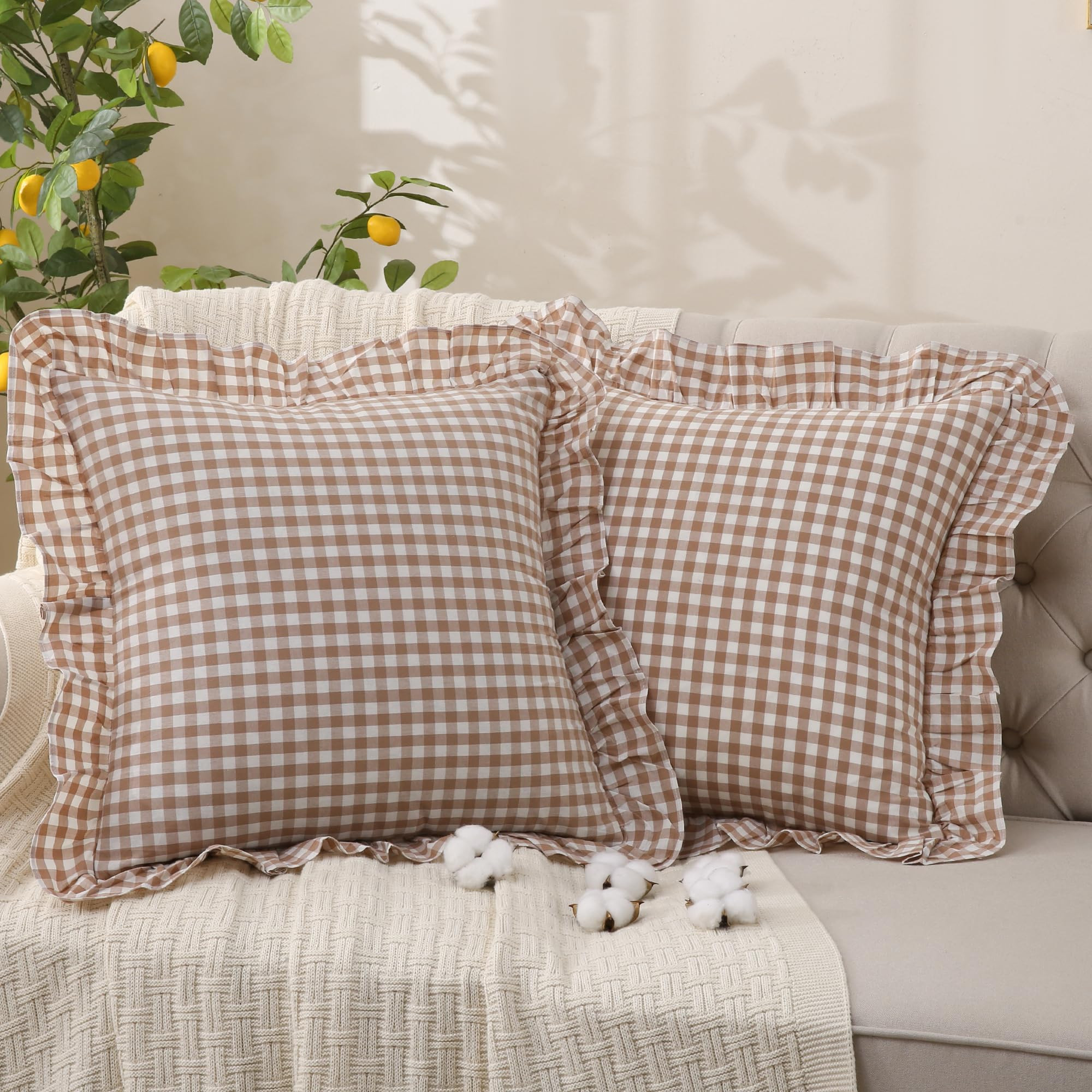 Tan Gingham Throw Pillow Covers 100% Washed Cotton Like Linen Feel Soft Comfy Ruffle Farmhouse Fa... | Amazon (US)