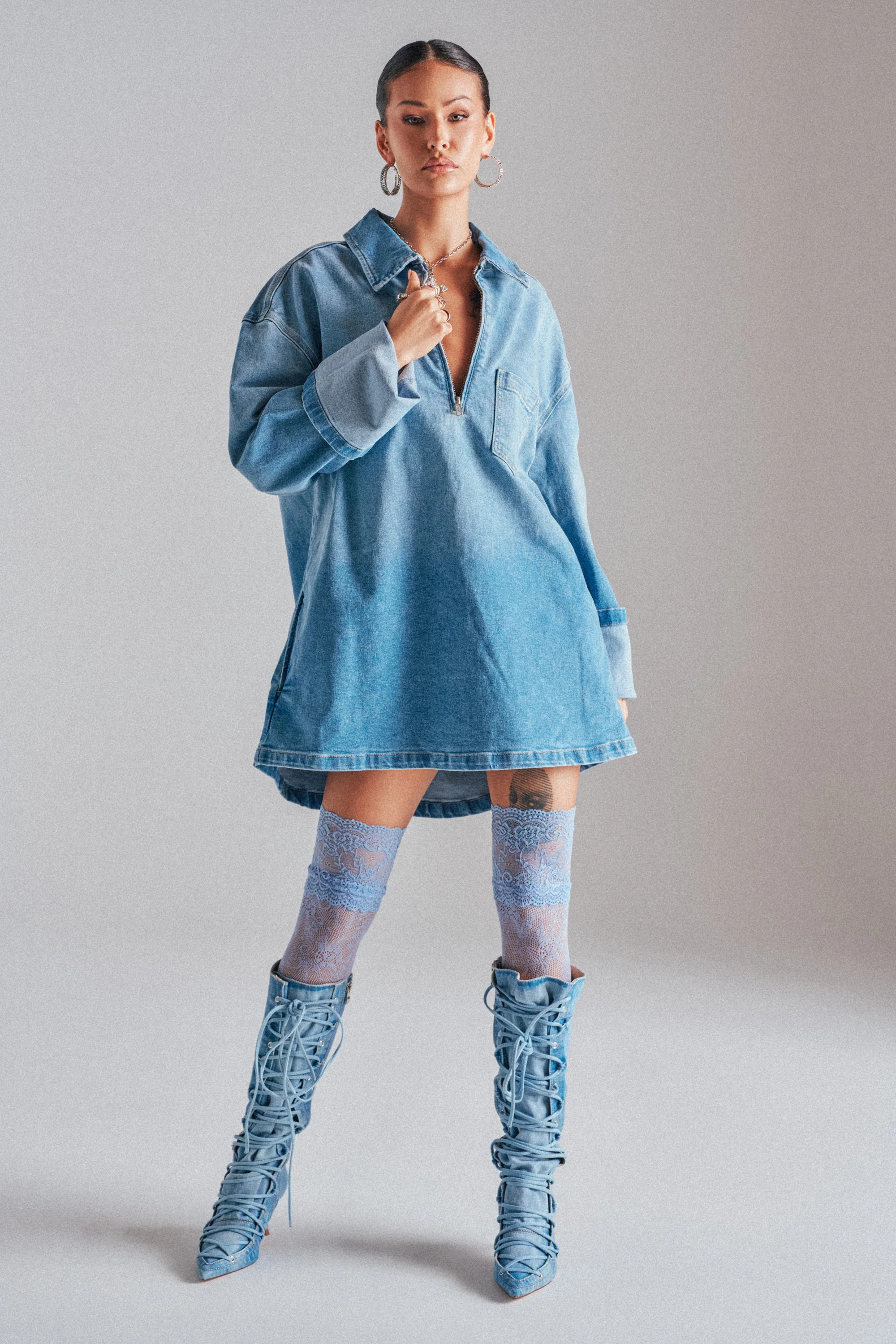 AKIRA Cool Girl Oversized Ombre Denim Shirt Dress | Size Large | AKIRA