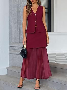 Cicy Bell Womens Summer 2 Piece Outfits V Neck Sleeveless Blazer Waistcoat and Mesh Maxi Skirt Su... | Amazon (US)