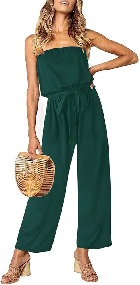 ZESICA Women's 2024 Casual Off Shoulder Solid Color Strapless Belted Wide Leg Jumpsuit Romper | Amazon (US)