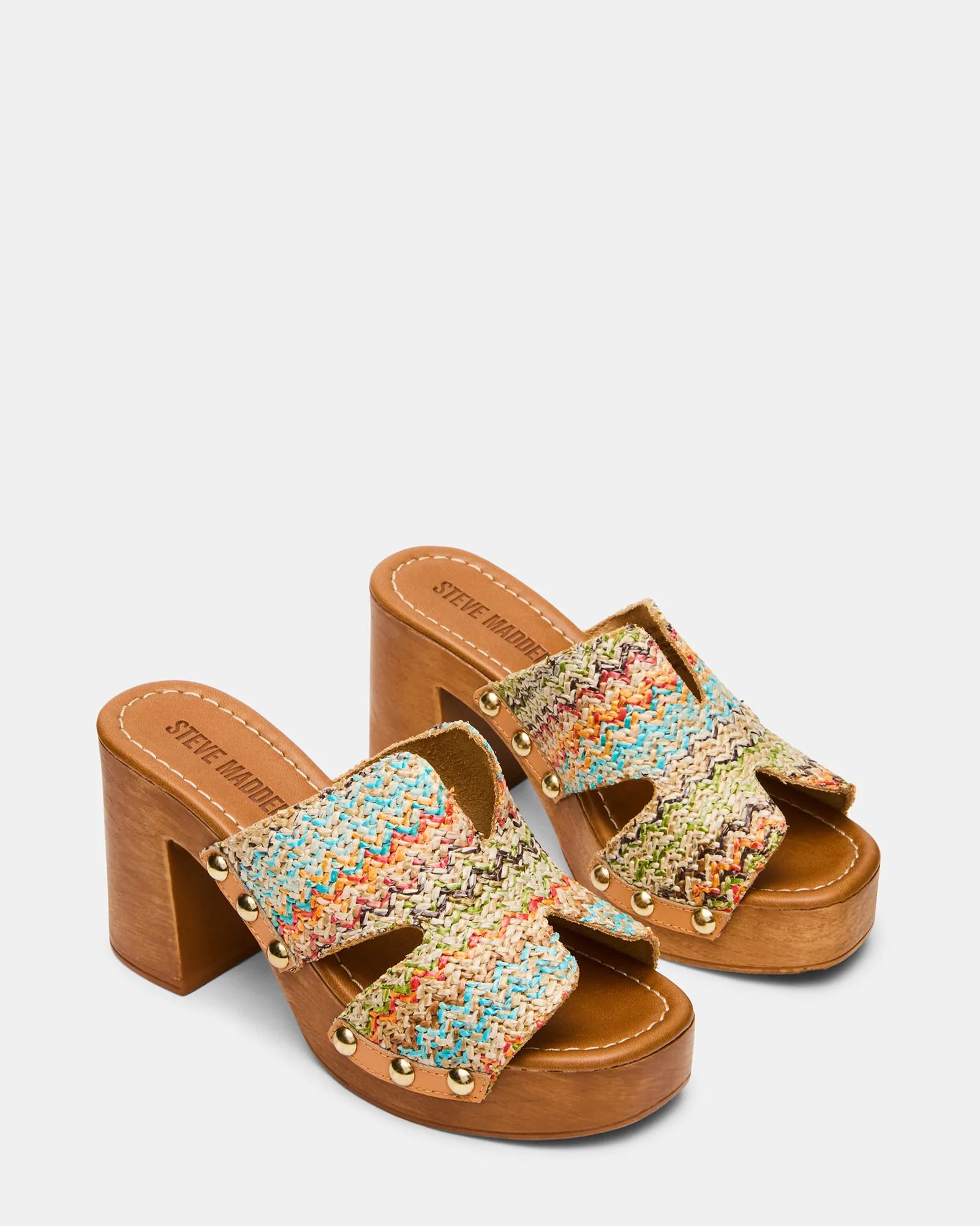 SUNKISSED Multi Raffia Platform Block Heel Studded Women's Sandal | Steve Madden (US)