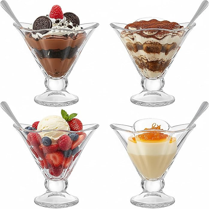 OVENTE 4 Pack Glass Dessert Bowls with Spoons, 6 Oz Footed Ice Cream Cups for Sundae, Fruit, Sala... | Amazon (US)