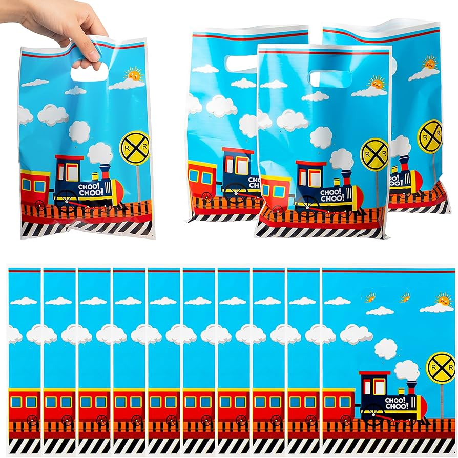 3sscha 50Pcs Train Party Favor Bags Transportation Themed Waterproof Goodie Bag with Die Cut Hand... | Amazon (US)