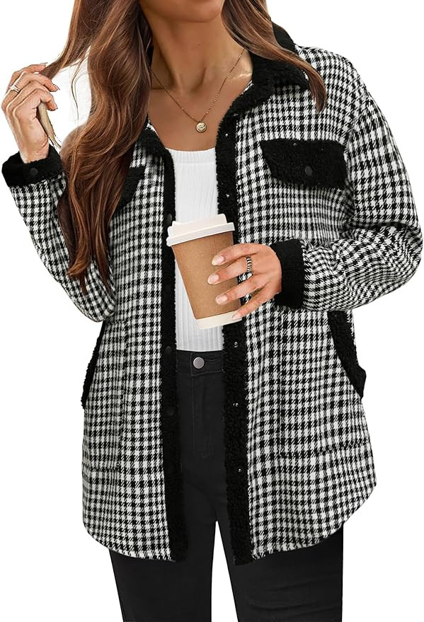 HOTOUCH Womens Flannel Fleece Jackets Sherpa Trimmed Fall Shackets Plaid Long Sleeve Button Down ... | Amazon (US)