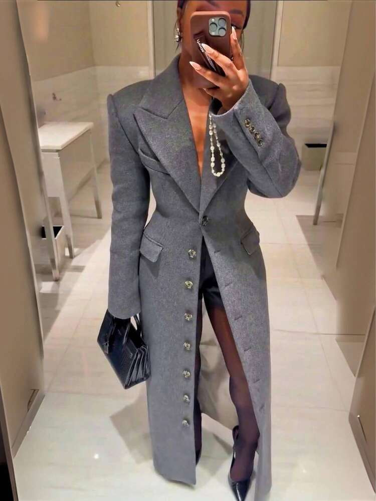 GLOURI Women's Single-Breasted Maxi Coat - Women's Outerwear - Grey Tailored Maxi Jacket With Pad... | SHEIN