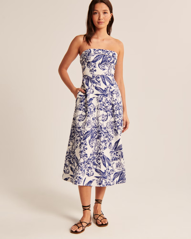 Strapless Linen-Blend Midi Dress | Abercrombie & Fitch (US)