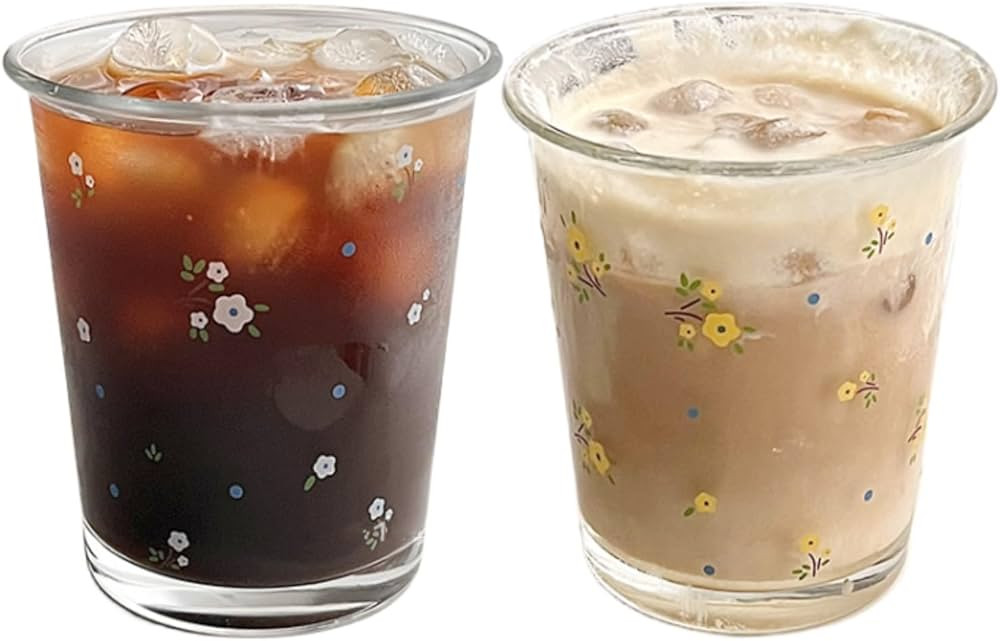 Set of 2 12 OZ Cute Clear Glass Coffee Cup Floral Drinking Glasses Stackable Glass Cups for Juice... | Amazon (US)