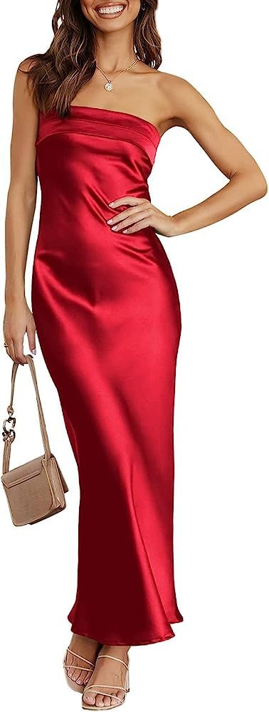Caracilia Womens Satin Tube Sexy Backless Cut Out Formal Wedding Guest Evening Party Maxi Dresses | Amazon (US)