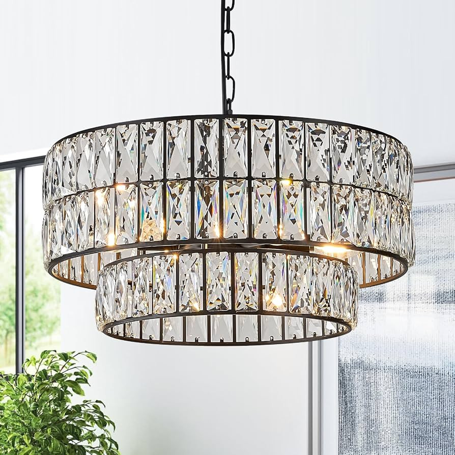 Black Crystal Chandelier 9-Lights Luxury Crystal Pendant Chandelier 20'' Drum Semi Flush Mount Ce... | Amazon (US)