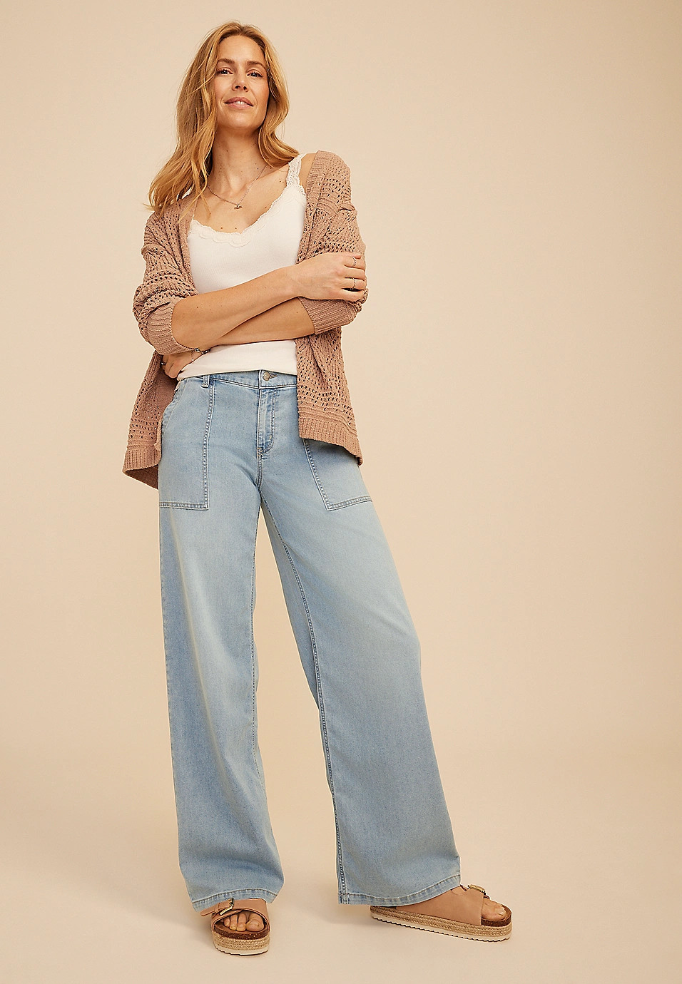 m jeans by maurices™ Soft Mid Rise Patch Pocket Wide Leg Jean | Maurices