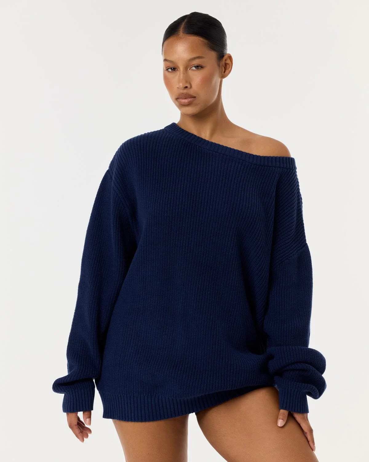 Off Shoulder Knit Sweater | Navy | Crop Shop Boutique US