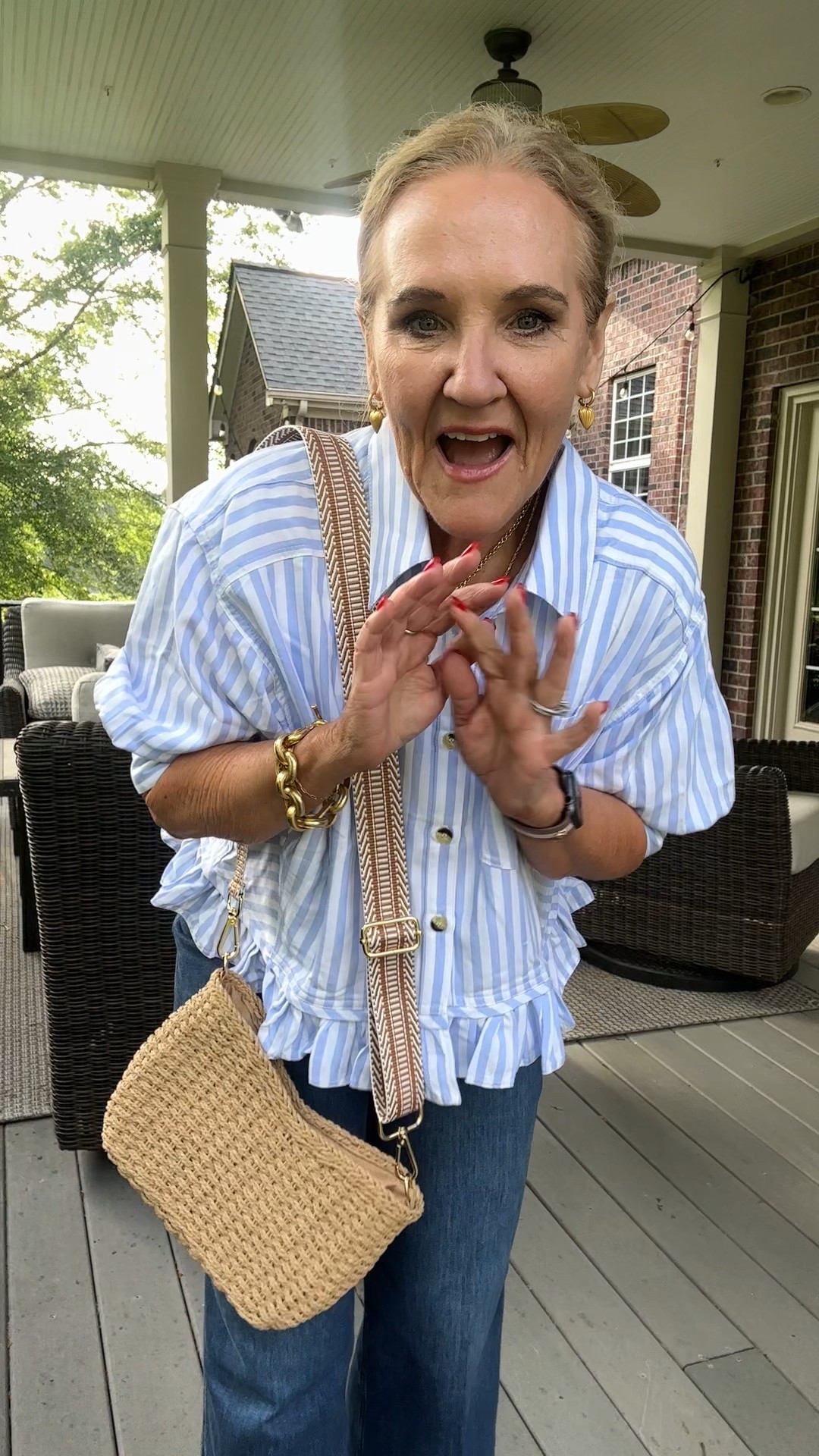 Cutest top on prime and lightening desk! Wearing a medium 
Spanx jeans are a splurge but I love this cropped wide leg. Wearing a medium petite. They are pull on. 

Sandals slides are super comfy
Amazon straw bag comes with 2 straps. Winner! 

#LTKOver40 #LTKSeasonal #LTKFindsUnder50