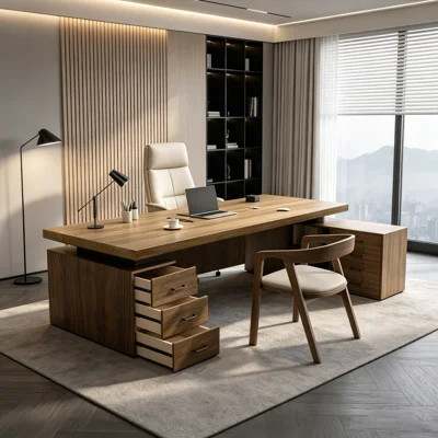 Light-walnut L-Shaped Solid Wood Executive Desk with drawers desk | Wayfair North America