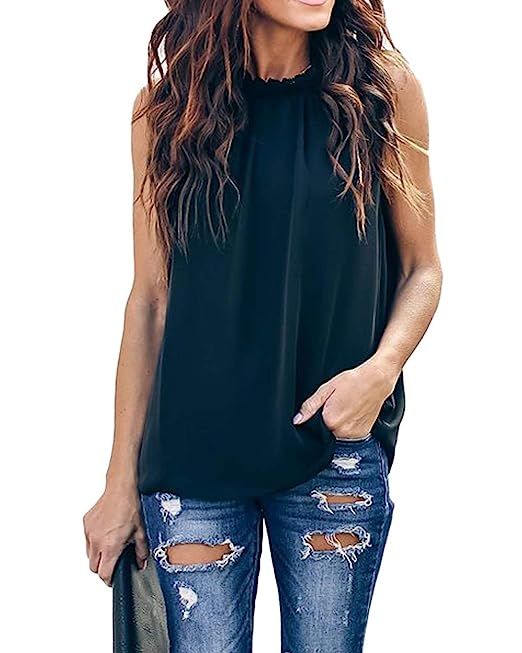 Allimy Women Summer Ruffle Trim Neckline Tank Tops Double Lined Chiifon Blouses | Amazon (US)