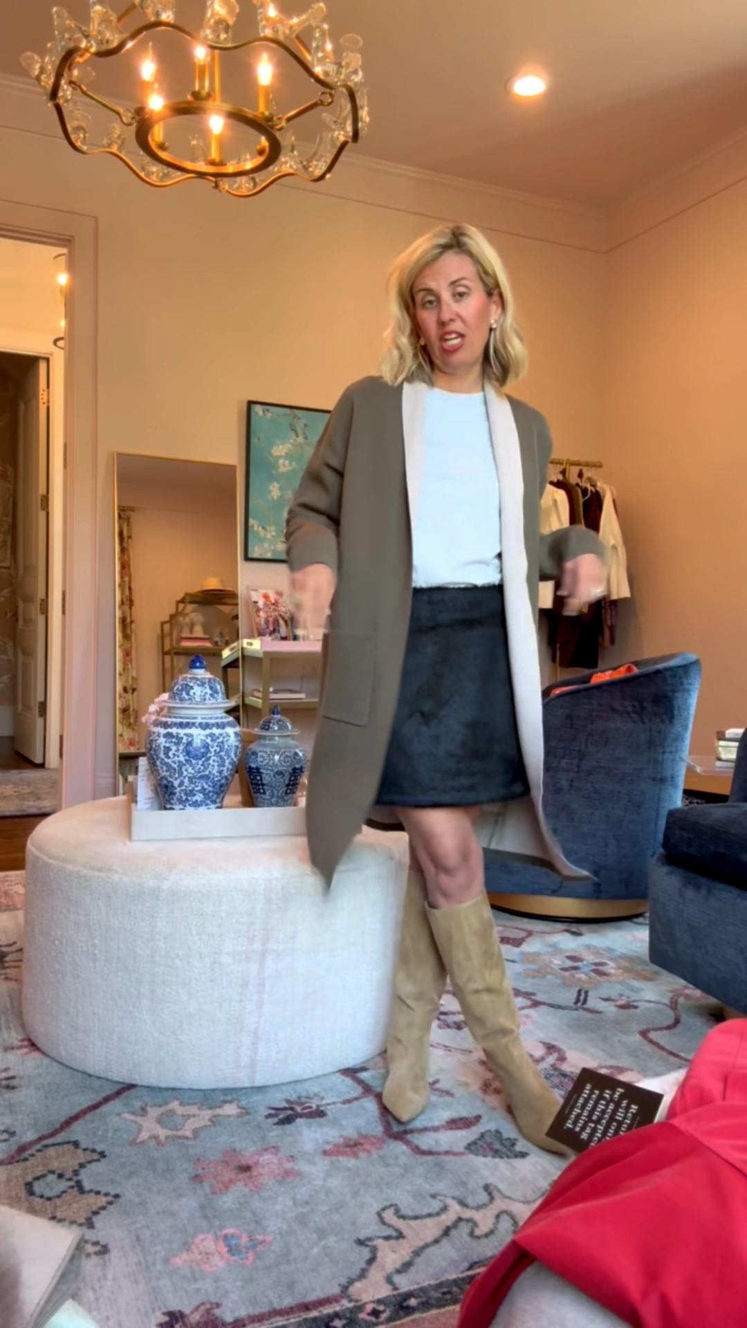 We can dress this coatigan up or down! So chic! 
Tee - xs
Jacket - xs
Skirt - small 
Boots - 8 tts

CODES:
*Lilla P - CMLP15
*Allie + Bess - Catherine20