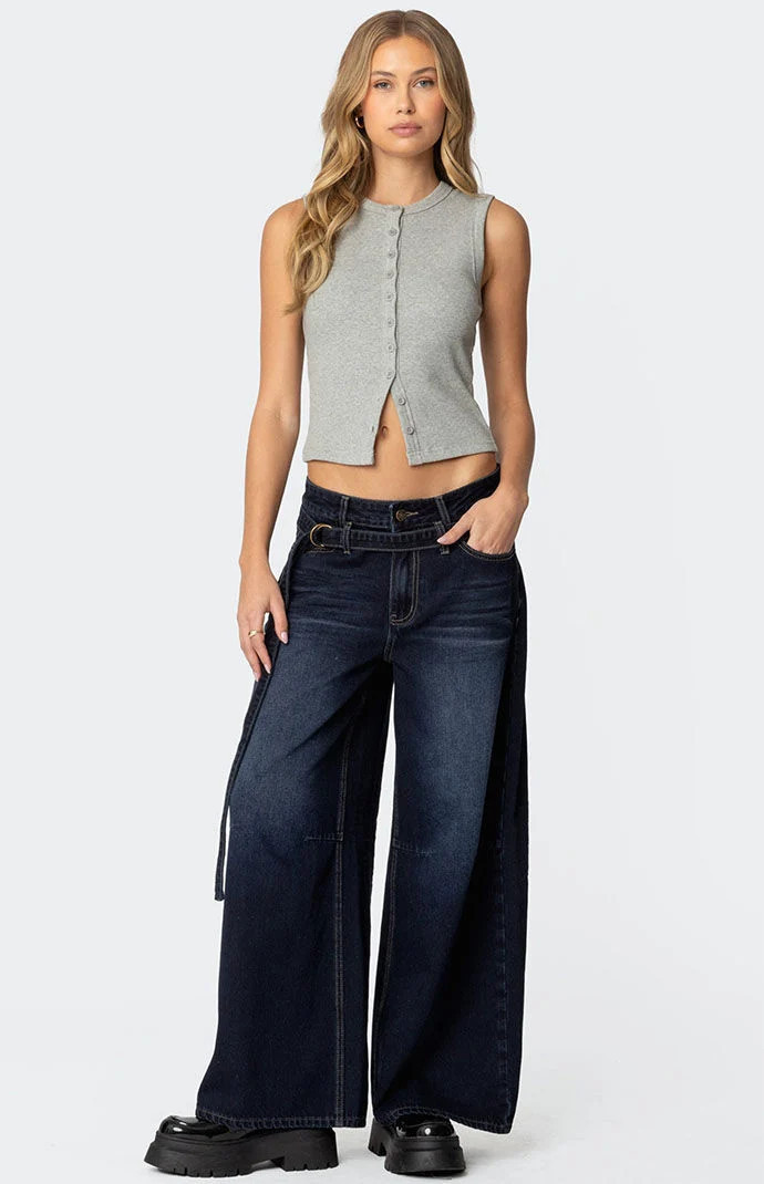 Edikted Women's Super Baggy Belted Low Rise Jeans in Indigo Blue - Size Medium | PacSun