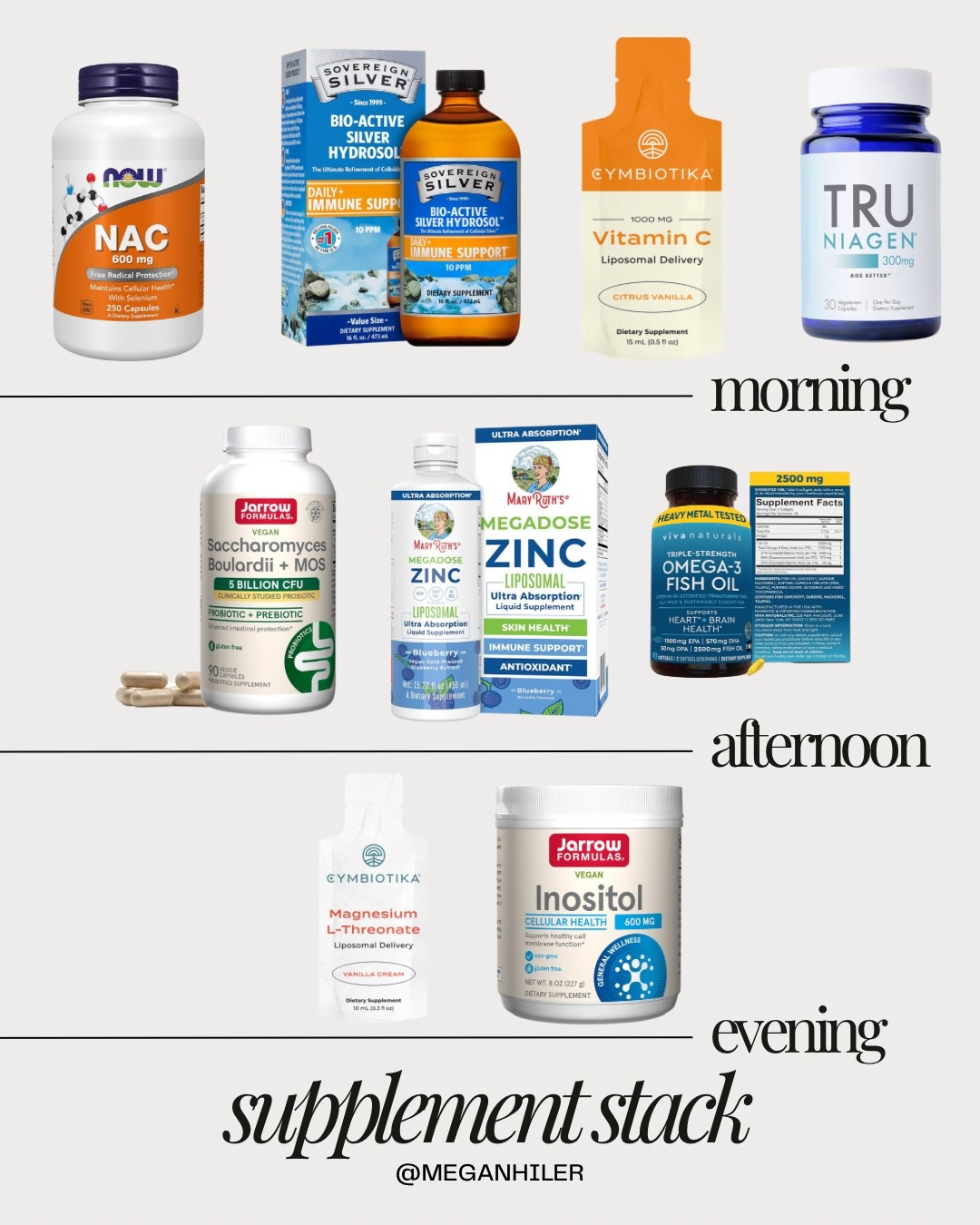 My Daily Supplement Stack: Healing, Hormones + High Functioning Energy

Since coming home from the hospital, I’ve been extra intentional about what I’m putting in and on my body. This is my current lineup and why each one earned a spot:

MORNING:
	• NAC: antioxidant support, cellular repair, and brain health (a must after surgery).
	• Sovereign Silver: immune defense + inflammation support.
	• Cymbiotika Liposomal Vitamin C: daily energy + absorption boost, great for skin too.
	• Tru Niagen (NAD+): supports healthy aging, cellular energy + repair.

AFTERNOON:
	• Saccharomyces Boulardii + MOS: keeps my gut balanced while on meds.
	• MaryRuth Liposomal Zinc: immune support + skin clarity.
	• Omega-3 Fish Oil: brain, heart, and hormone health.

EVENING:
	• Cymbiotika Magnesium L-Threonate: calms my nervous system + supports cognition and sleep.
	• Jarrow Inositol: hormone balance + mental clarity 

Healing isn’t just about resting—it’s about rebuilding your foundation. This stack helps me show up sharp, regulated, and restored.

Save this for your next supplement haul!


#LTKBeauty