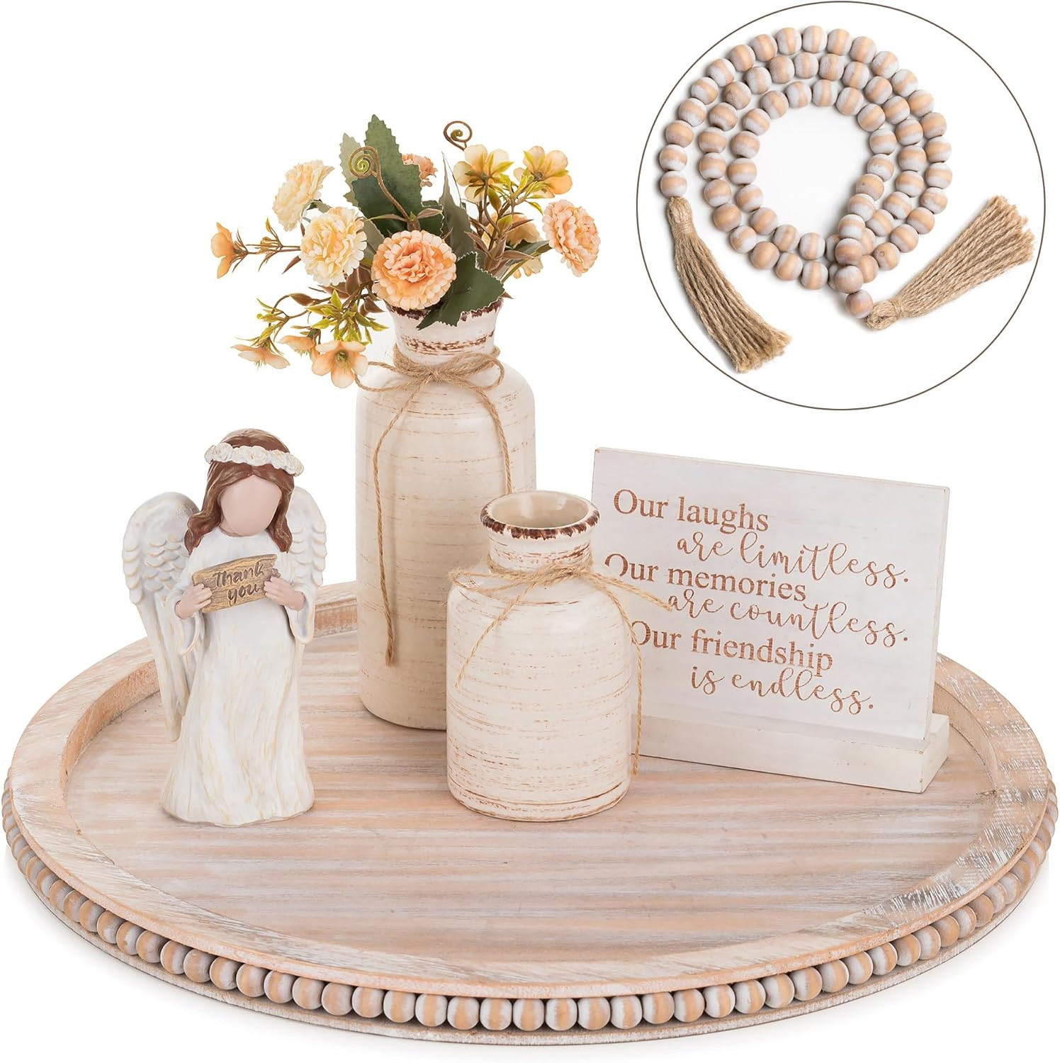 Hanobe Large Round Decorative Beaded Tray: Wood Coffee Table Tray with Beaded Garland Decor Rusti... | Amazon (US)